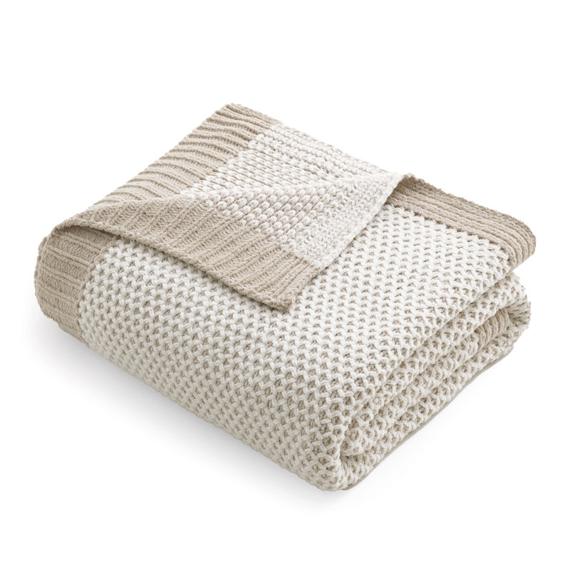 Chenille Honeycomb Knit Throw Blanket, Reversible Cozy Decorative Blanket, Lightweight Soft Warmth, Beige/White