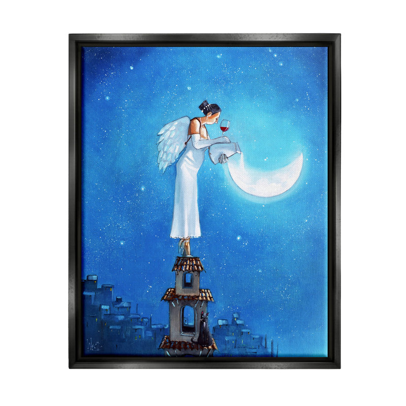 Ange versant la lune, paysage urbain encadré, estampe numérique par Ronald West, H 31 po x l 25 po x P 1,7 po
