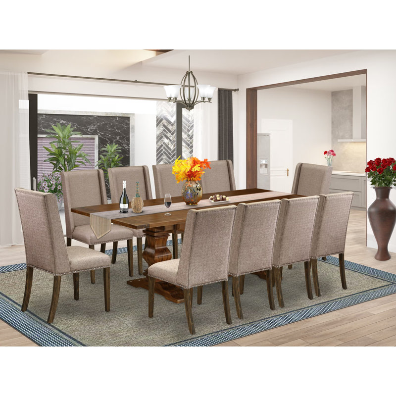11 Piece Dinette Set Includes a Rectangle Dining Table with Removable Leaf and 10 Dark Khaki Linen Fabric Parson Dining Chairs, Antique Walnut