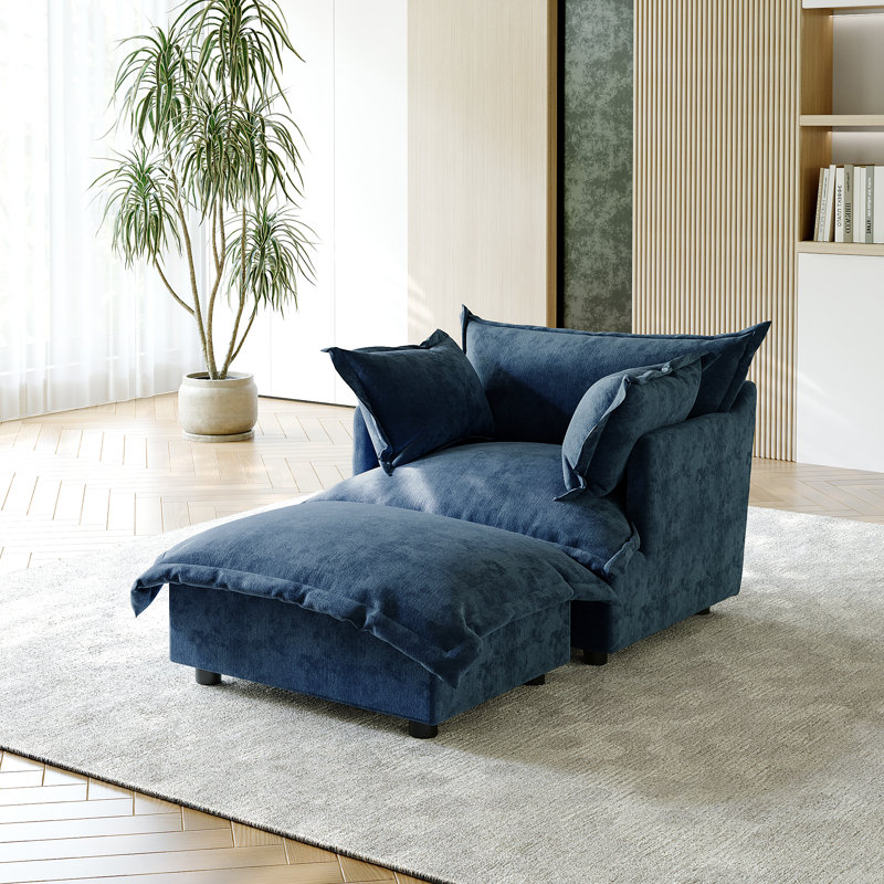 Upholstered Armchair with Footstool, Navy