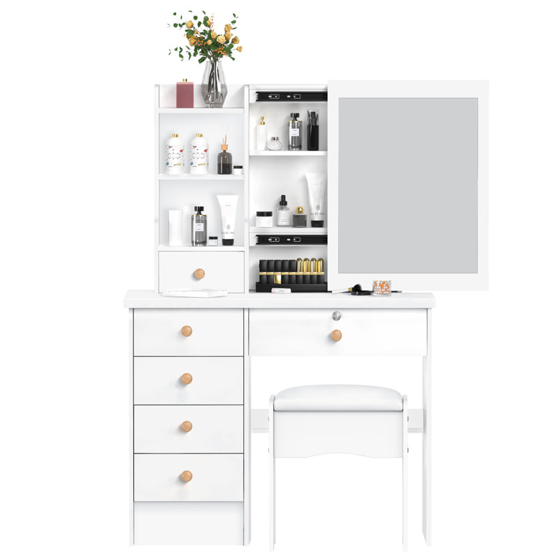 Vanity Desk with Sliding Mirror, Bedroom Dressing Table, Makeup Desk with 6 Drawers, Open Shelves, Hidden Storage Space