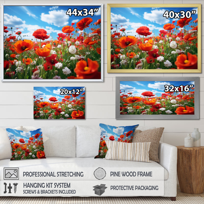 " Red Blue Flowers Dancing Poppies II ", H 24 po x l 32 po, Cadre flottant noir