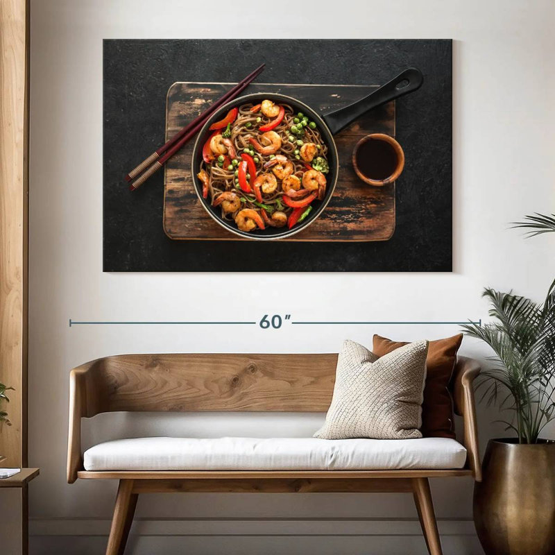 Sauté de crevettes et de nouilles Soba, H 34 po x l 51 po