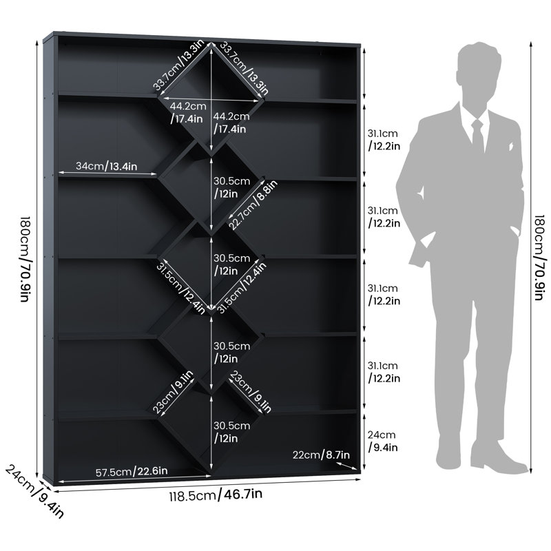 6-Tier Open Bookshelf, Bookcase With Diamond Accent Compartments, 46.7 X 9.4 X 70.9 Inches, Black