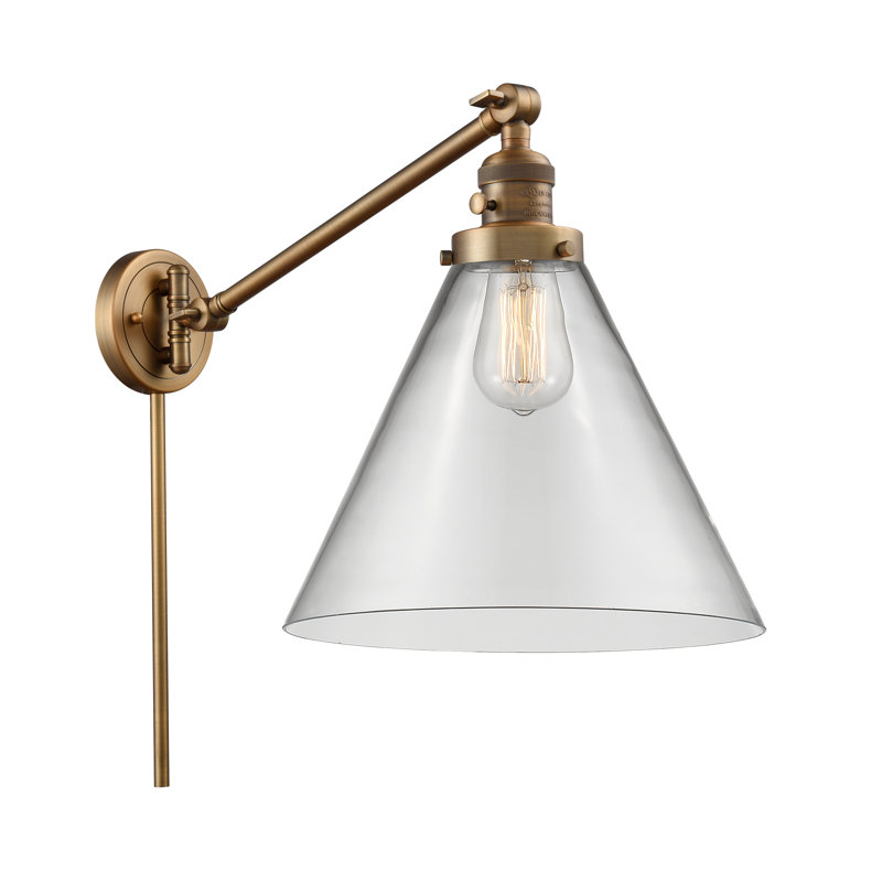 Lampe murale avec bras pivotant 1 lumière Cone, Laiton brossé, Clair, Ampoule incandescente rétro 60 watts