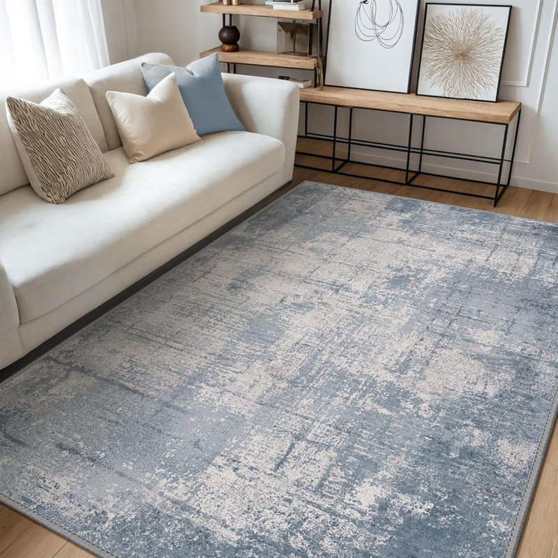 8X10 Machine Washable Area Rug Non-Slip Low Pile Abstract Blue Soft Carpet For Living Room Bedroom