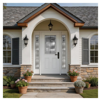 Porte d'entrée extérieure en fibre de verre 60 po x 80 po avec imposte latérale - Ouverture gauche vers l'intérieur, moulure en brique, vitrage décoratif à faible émissivité, finition blanche