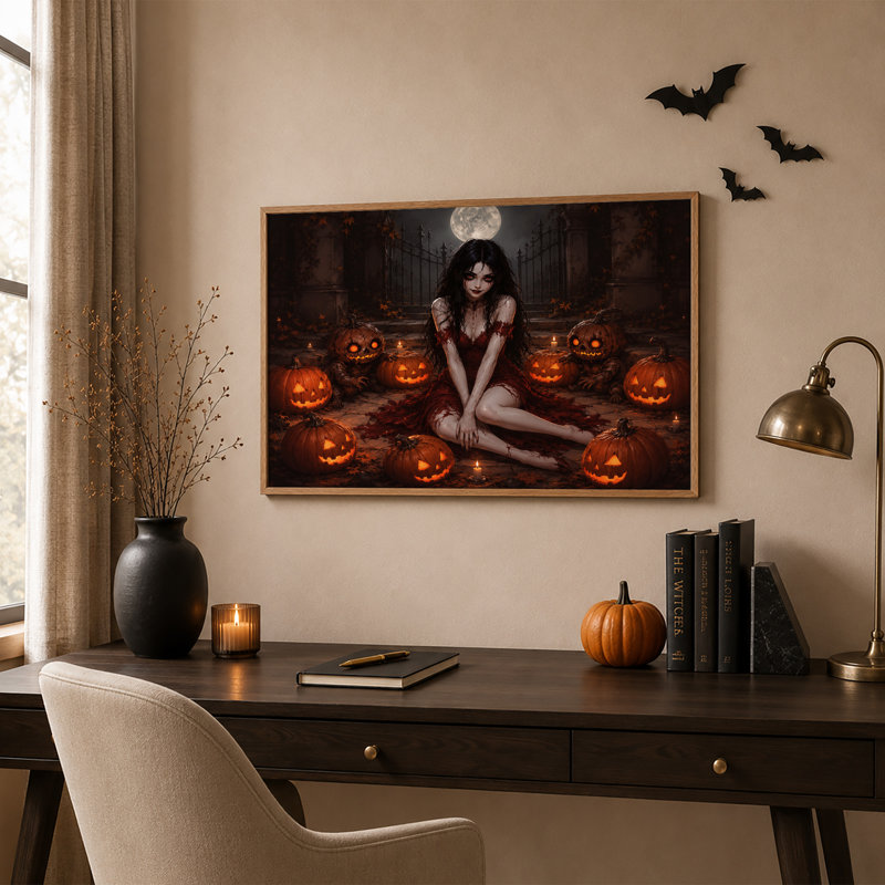 «Gothic Woman with Glowing Jack O Lanterns And Halloween», art mural sur toile, H 24 po x l 36 po