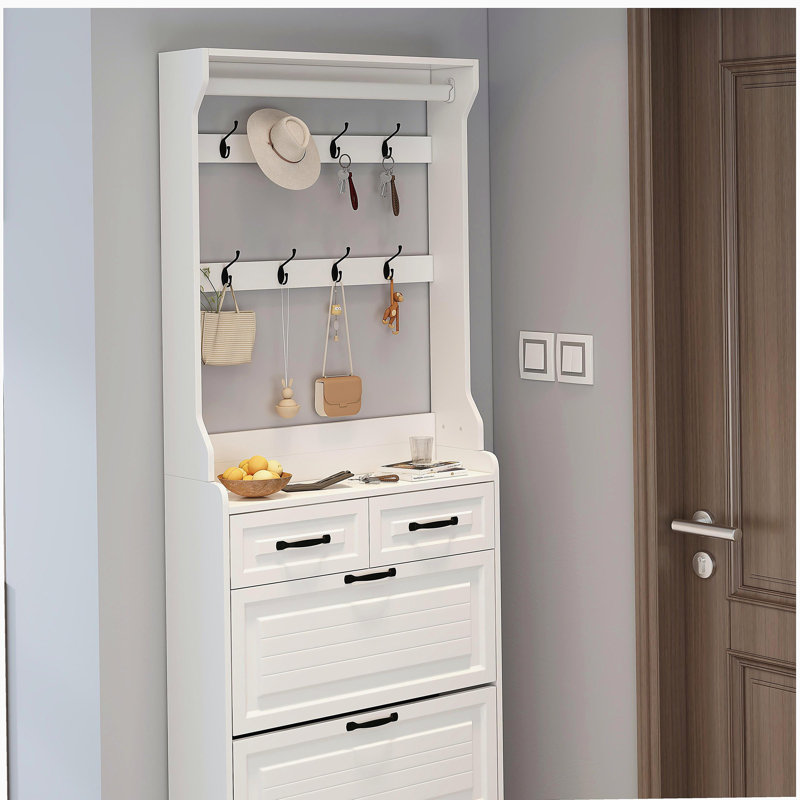 Armoire à chaussures blanche avec 3 portes et 2 tiroirs avec support, grand espace de rangement