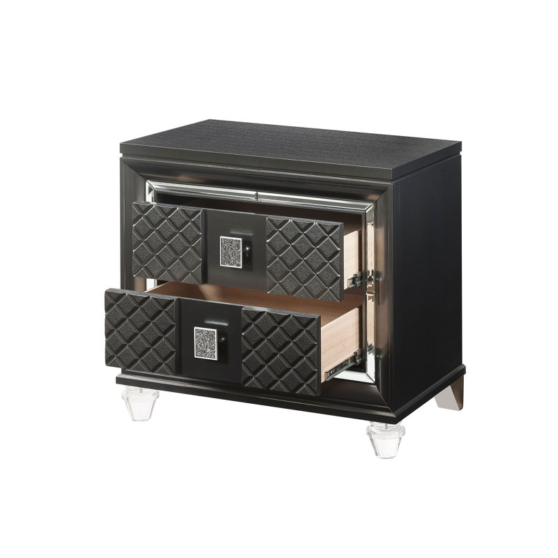 Élégante table de chevet moderne avec tiroirs de rangement pour chambre à coucher, fabriquée en bois avec des pieds en acrylique pour une touche glamour