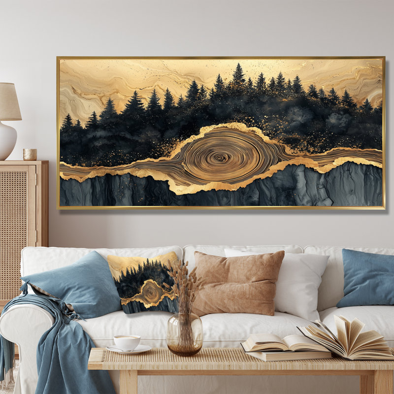 Forêt forêt de cristal onyx noir II - forêt, art mural, H 28 po x l 60 po, Cadre flottant, Doré