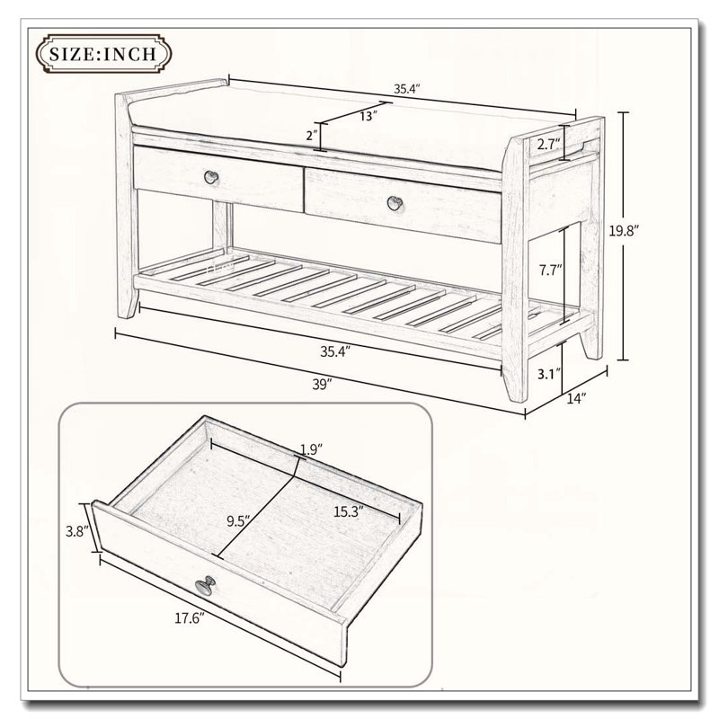 Banc de rangement polyvalent pour hall d'entrée avec siège rembourré, tiroirs et range-chaussures, Espresso