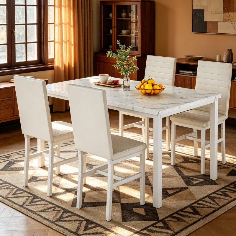 Ensemble de salle à manger 5 pièces pour 4 personnes, table de salle à manger rectangulaire avec plateau en marbre blanc et 4 chaises rembourrées à haut dossier, ensemble de salle à manger moderne pour les petits coins-repas et les petits espaces