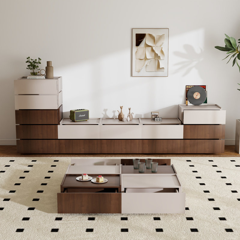 Heckman Modern Modular TV Stand With 14 Drawers, Modular Assembly, Brown/Beige