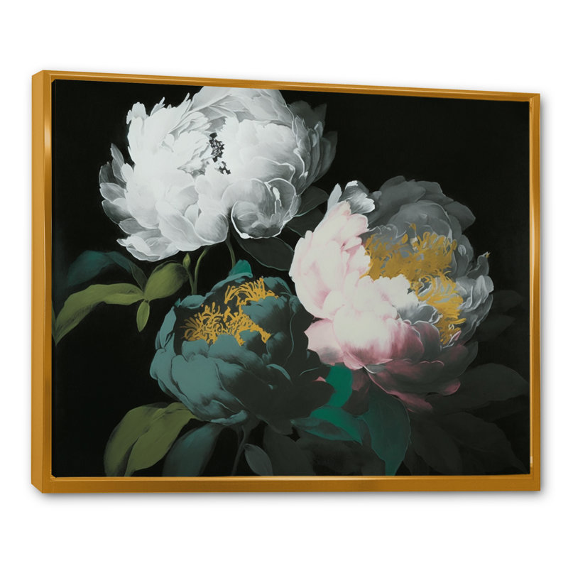 «White Blossoming Peony on Black II», reproduction sur toile, L 32 po x H 16 po, Toile à cadre flottant doré
