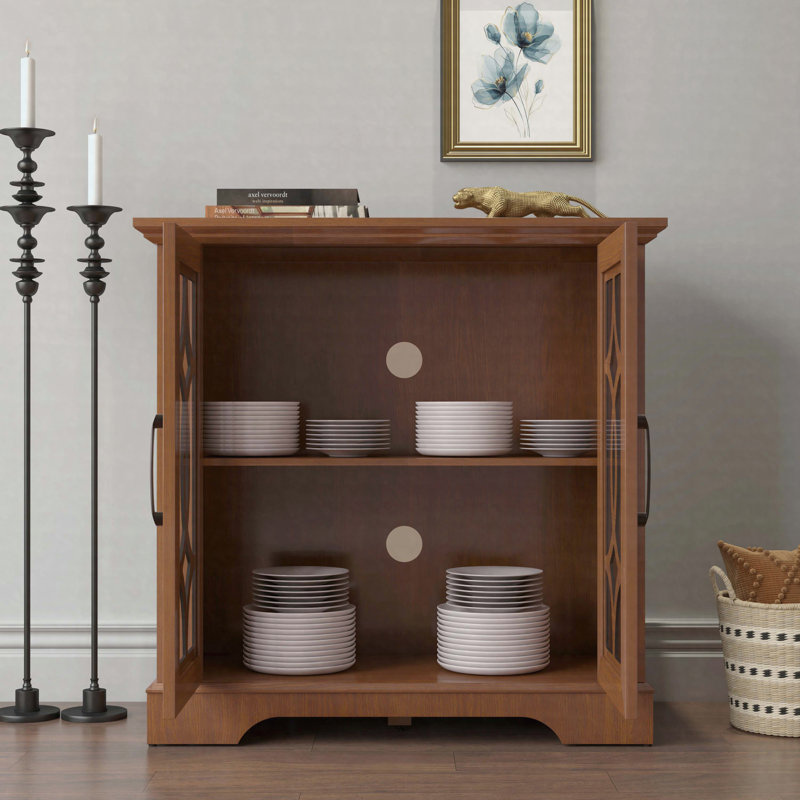 34.37" x 15.55" x 34.06" Sideboard Buffet Cabinet with 2 Tempered Glass Doors, Adjustable Shelf Storage Cabinet, Dark Oak