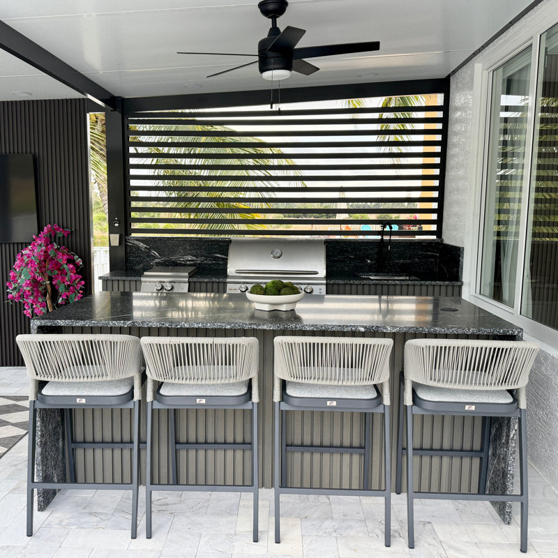 Patio Pebble Grey Bar&Counter Stool Set Of 2 Modern Aluminum Rattan Wicker With Backrest And Cushion For Kitchen Lawn Pool Bar Chairs