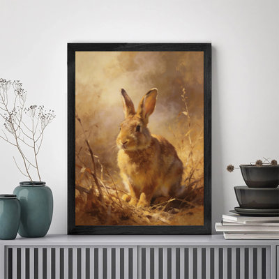 Art mural encadré minimaliste avec cadre en bois massif lapin assis sur le terrain, décoration murale élégante pour la décoration intérieure contemporaine