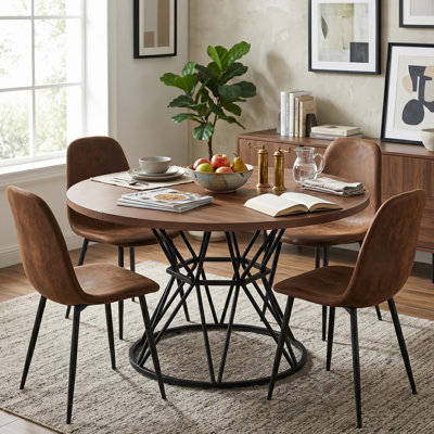47" Round Dining Table Set For 4, 5-Piece Modern Industrial Kitchen Table And Chairs With Faux Wood-Grain Tabletop & Faux Suede Chairs, Black Metal Geometric Pedestal Base
