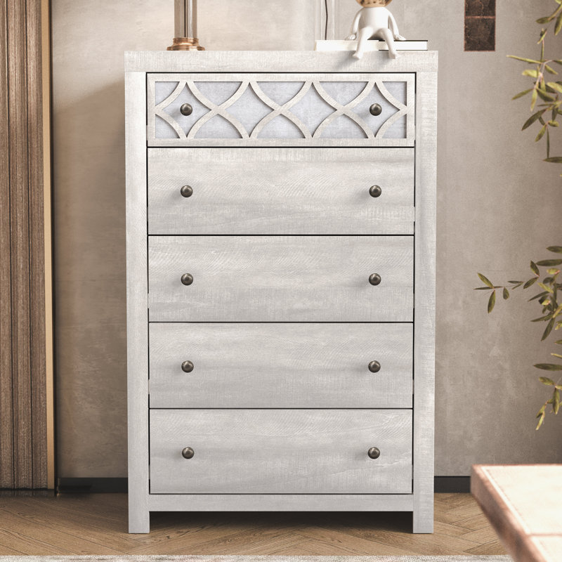 Commode 5 tiroirs Julric, Chêne gris cendré / argent aurore