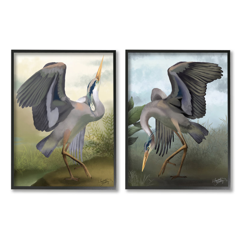 " Crane Dance Landscapes " 2 - Pieces, Midnight Black Framed Giclee, 20" H x 32" W x 1.5" D