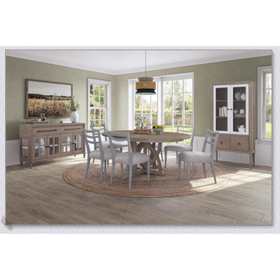 Round Expandable Dining Table Set with 4 Ladderback Chairs, Glass Door Server, and Display Case for Versatile Home Use