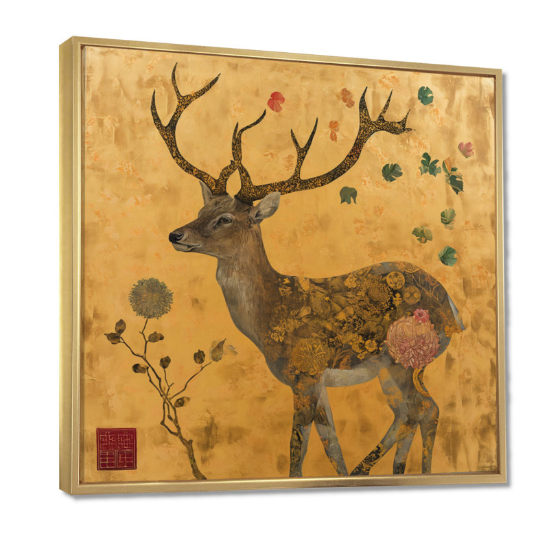 Majestic Dear, art asiatique rétro, art mural cerf, salon, Toile avec cadre doré, H 16 po x l 16 po x P 1 po