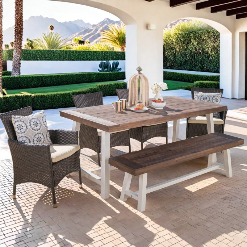 Lebo Rectangular 6 - Person 71" Long Dining Set with Cushions, Dark Brown/White