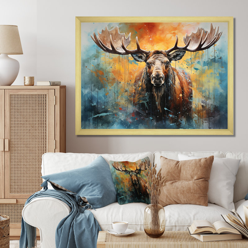 «Colorful Moose Majestic Collage II - Moose», reproduction sur toile encadrée, H 12 po x l 20 po x P 1 po, Cadre doré simple