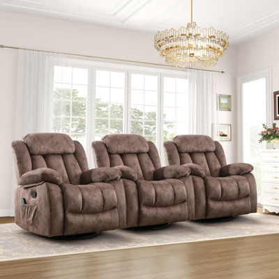 Alverez 37.4" Wide Contemporary Compact Microfiber Swivel Rocker Manual Home Theatre Seating Chair With Heat And Massage(Set of 3)