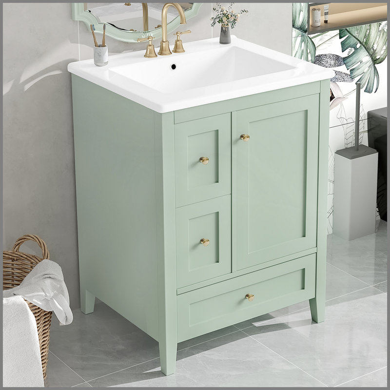 Meuble-lavabo de 24 po avec rangement, tablette réglable, panneau de fibres à densité moyenne et bois d'hévéa, cloisons amovibles, finition verte