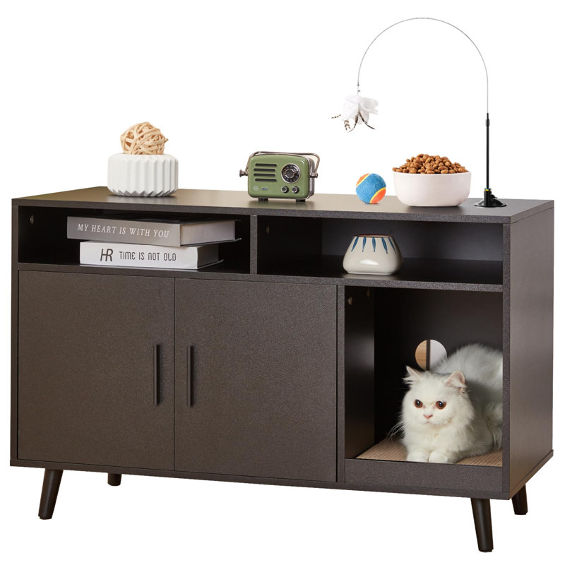Meuble caché pour litière pour chat, litière pour chat avec portes doubles et 2 compartiments de rangement pour la chambre à coucher et le salon