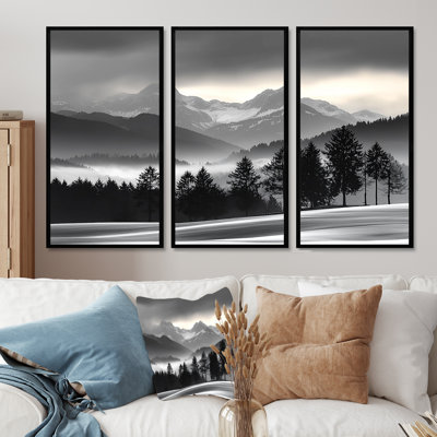 Or et gris, hiver, montagne et lac, paysage II - ensemble d'art mural paysage d'hiver