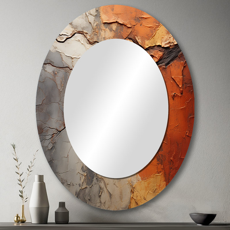 Orange orange gris abstrait séquoia collage - grand miroir mural ovale sur métal, 43 po x 33 po