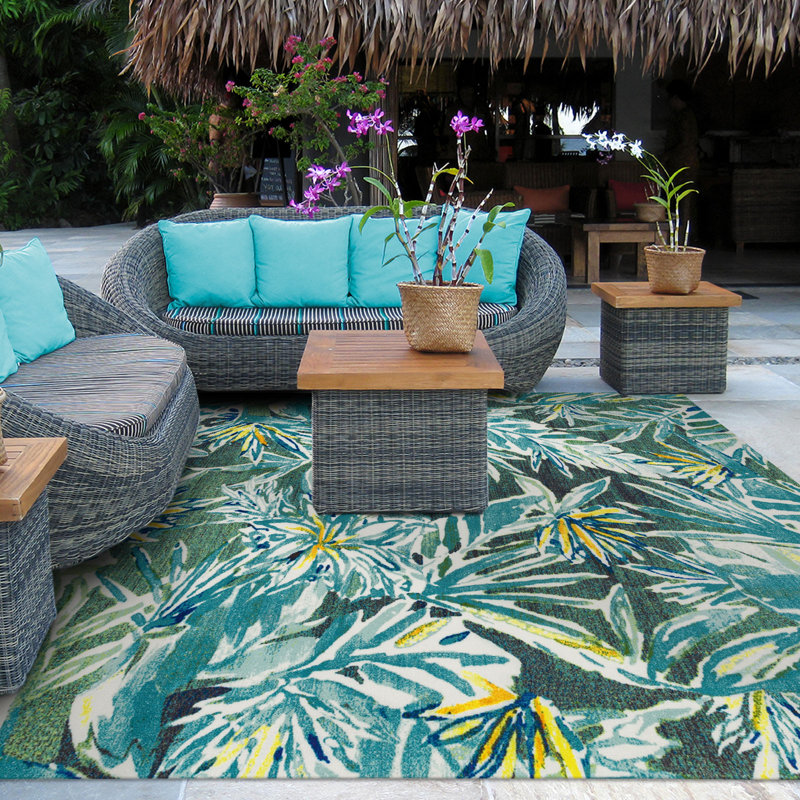 Sunshine Outdoor Plant Floral Area Rug Green/Blue/Yellow, Rectangle 3'6" x 5'6"