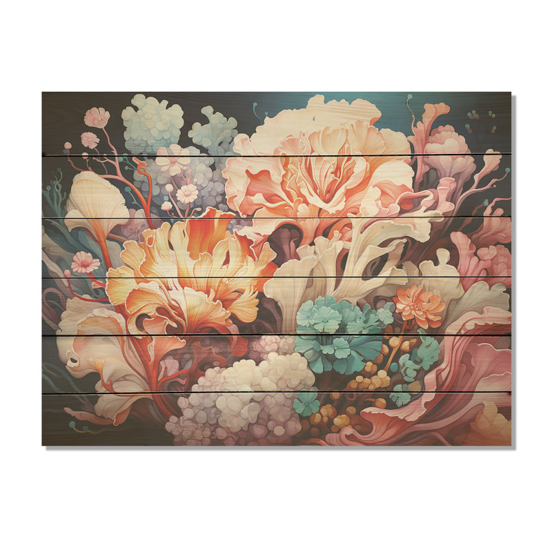 Danse anémone rose - corail côtier sous l'eau, art mural sur bois de pin naturel, H 10 po x l 20 po