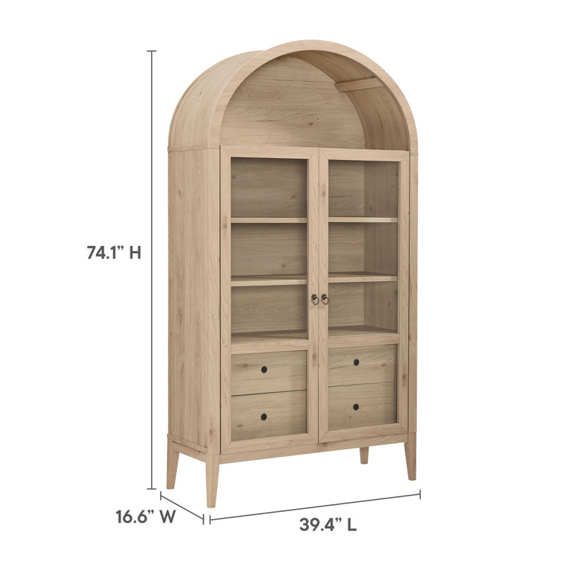 Nolan Light Oak Tall Arched Storage Display Cabinet with Glass Doors
