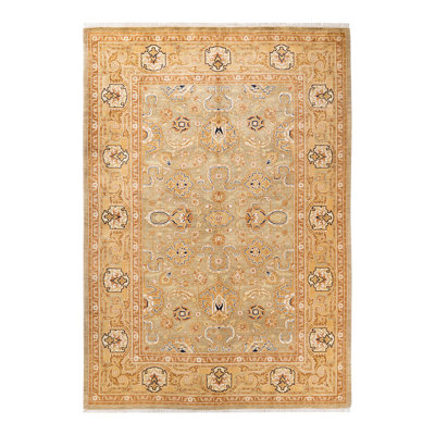 Tapis vert en laine noué à la main de conception unique 6 pi 2 po x 9 pi Deava