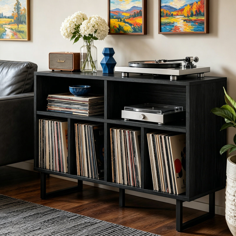 Large Record Player Stand with Vinyl Storage Holds 500 Albums, Mid Century Turntable Console Table with Bookshelf and Media Storage for Living Room Stereo