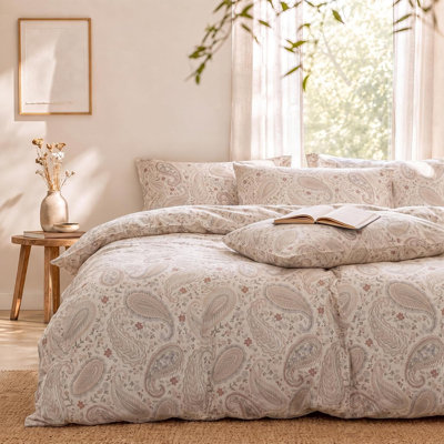 Linen Cotton Duvet Cover Set Queen Size, Beige Paisley Bedding Set, 3 Pieces Vintage Floral Duvet Cover with Hidden Zipper & 8 Corner Ties for All Season