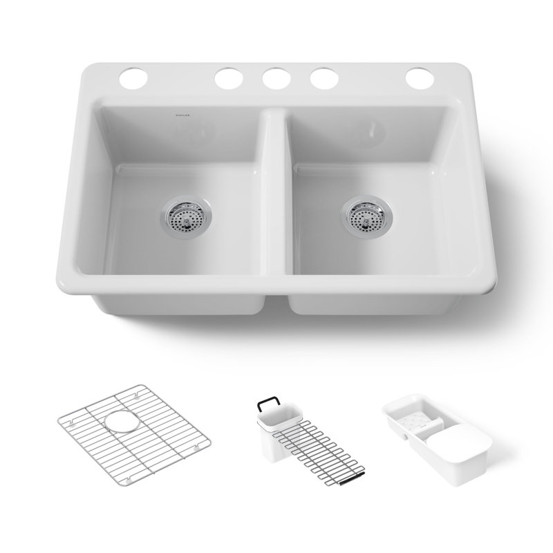 Riverby® 33" x 22" x 9.625" Under-Mount Double-Equal Kitchen Sink with Accessories and 5 Oversized Faucet Holes, White