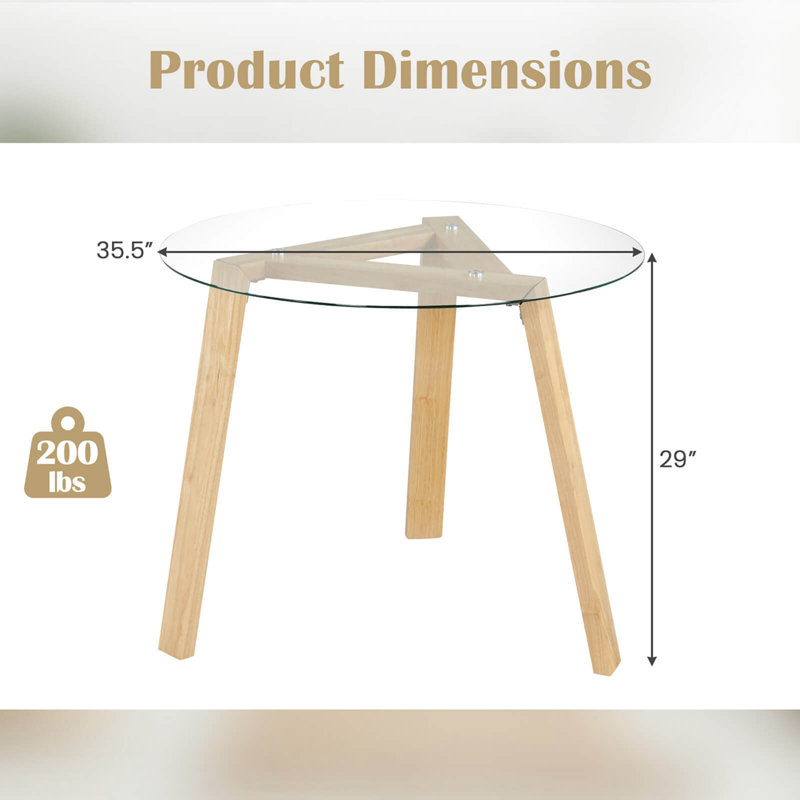 Costway 35.5" Round Glass Dining Table For 4 With Tempered Glass Tabletop Rubber Wood Frame, Natural