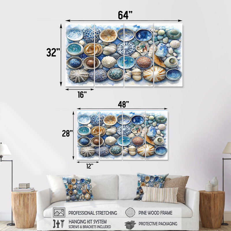 Plage, poterie en tons de bleu et blanc, art mural sur toile, H 28 po x l 48 po