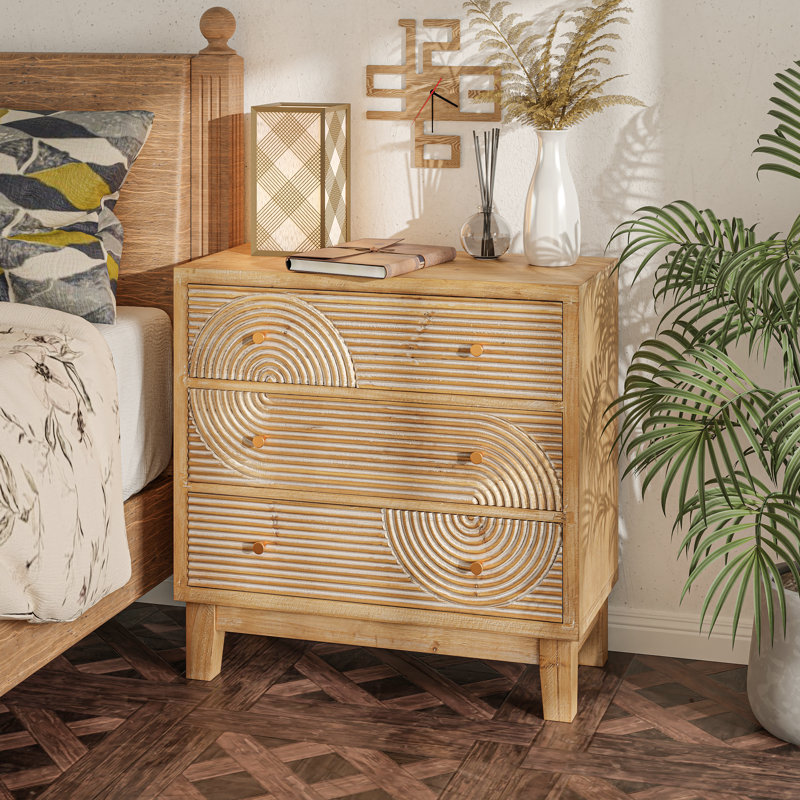 Fayola Rustic Farmhouse Three Drawer Dresser, Mid Century 3 Drawer Nightstand, Oak