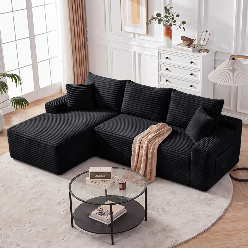 Canapé d'angle en L sans ossature et à compression de 240 cm (94,5 po), avec méridienne à gauche, noir
