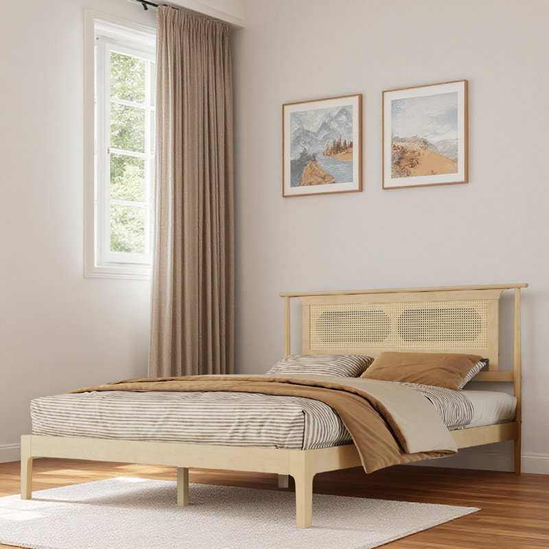 Lit plateforme en bois avec tête de lit en rotin et pieds robustes en bois, Grand lit, Naturel