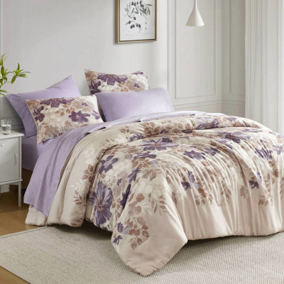 Très grand lit taupe avec édredon - Microfibre brossée douce, taies d'oreiller, motif floral aquarelle