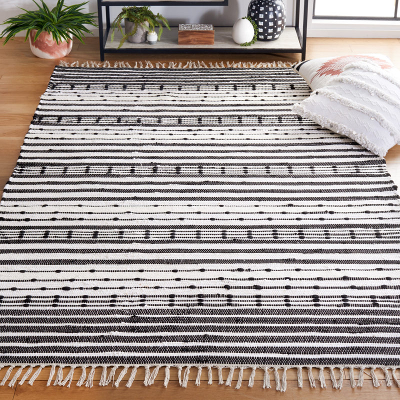 Martigues Striped Flatweave Cotton Black/Ivory Area Rug, Rectangle 5' x 8'