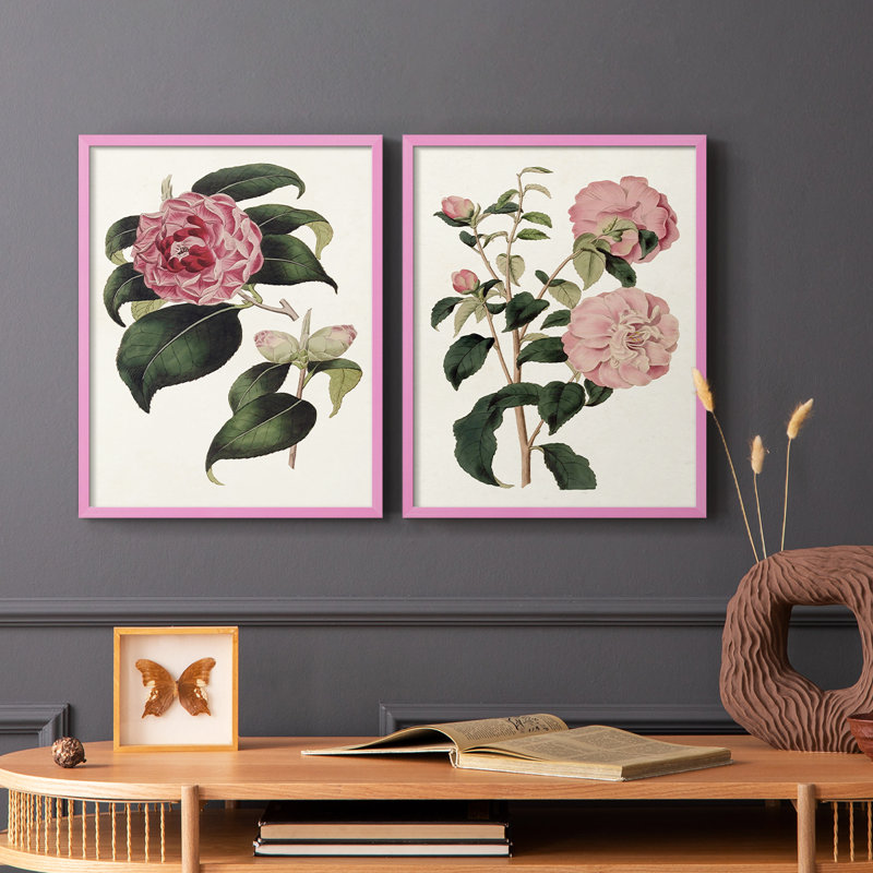 «Pink Floral Mix III» - reproduction encadrée de qualité supérieure - prête à être accrochée - aucun clou requis - aucun clou requis