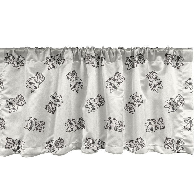 Eggshell and Grey Satin Polyester Cat Print Valance Set